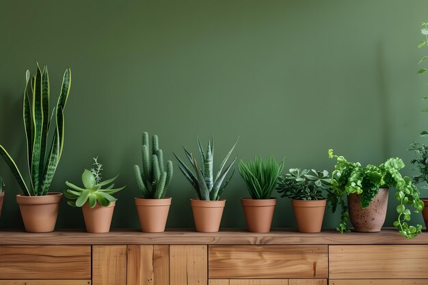 Variedade de plantas de casa em vasos em prateleira de madeira perto da parede verde