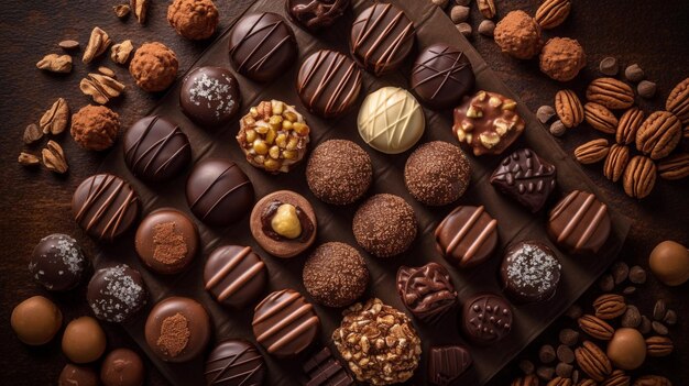 variedade de pralinhas de chocolate vista de cima para baixo