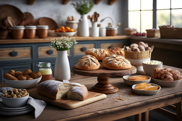 Variedade de produtos de panificação com pão, pãezinhos e doces dinamarqueses Rede neural gerada por IA