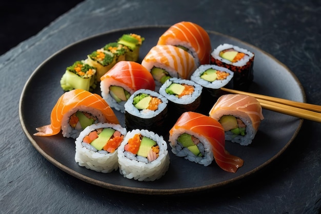 Variedade de rolos de sushi elegantemente apresentados