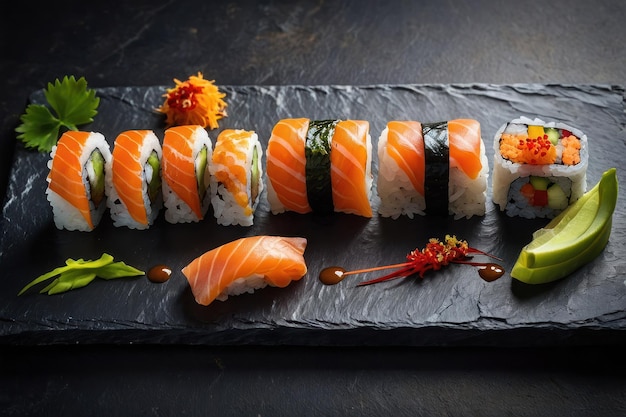 Variedade de rolos de sushi elegantemente apresentados