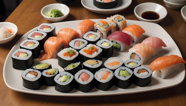 variedade de rolos de sushi em uma mesa de jantar