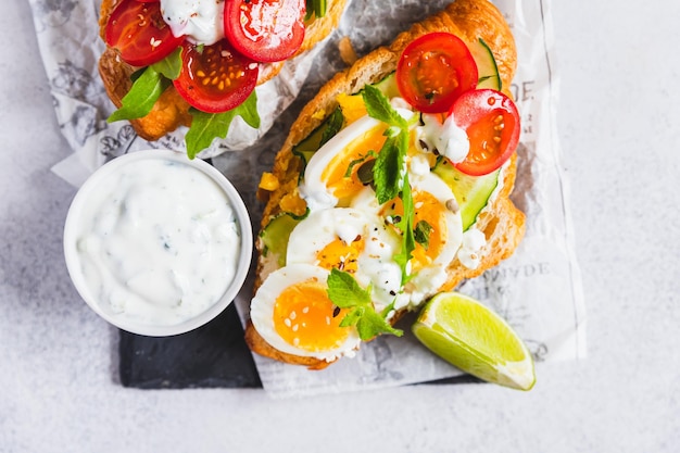 Variedade de sanduíches de croissant com ovos de mussarela de tomate pepino e hortelã de abacate e rúcula