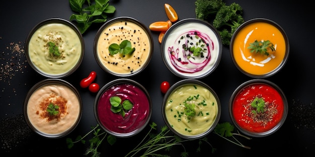 Variedade de sopas de creme de vegetais coloridas Alimentos dietéticos em um fundo de pedra preta IA generativa