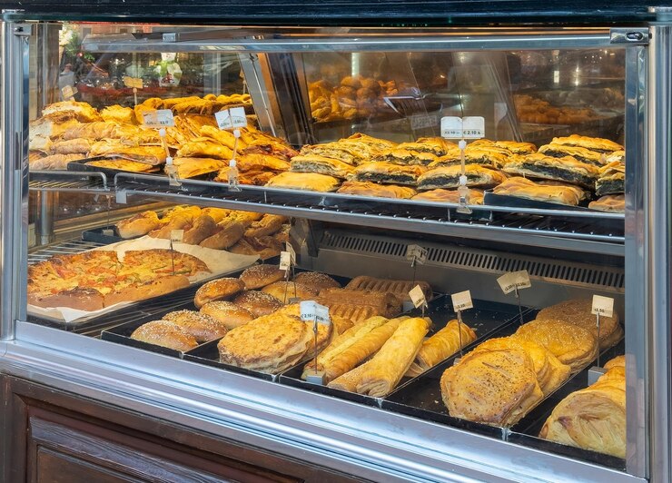 Foto variedade de torta assada com massa e preenchimento de alimentos exibição de aquecimento rótulo com preço