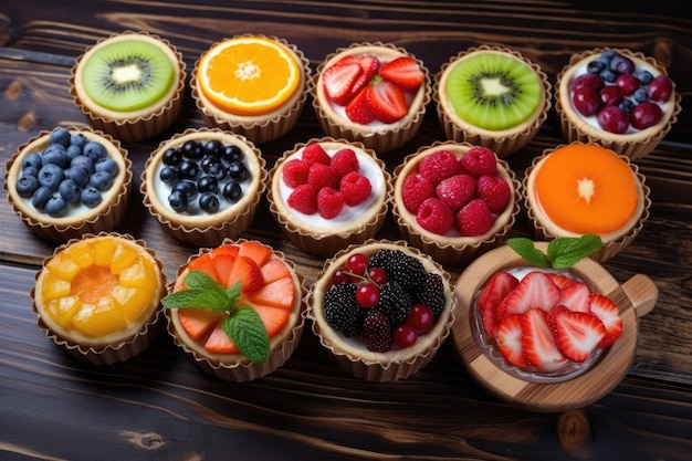 Variedade de tortas de frutas com cores vibrantes em uma mesa de madeira escura