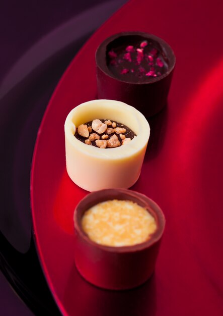 Variedade de variedade de doces de chocolate branco e escuro de luxo no prato vermelho e violeta