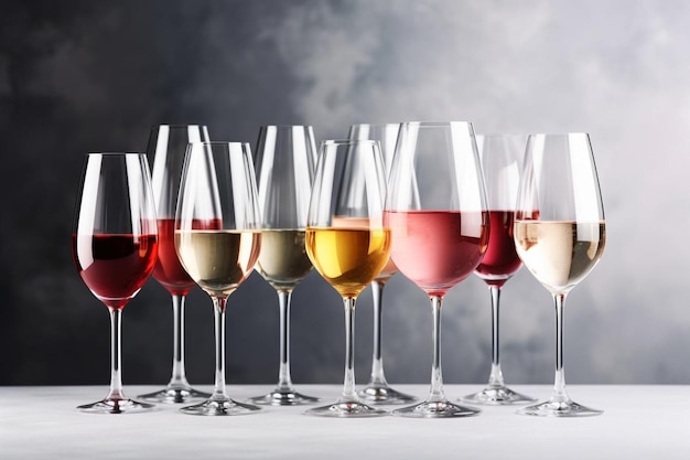 Variedade de vinhos vermelho branco vinho de rosa em copos e garrafas em mesa cinza fundo loja de bar de vinhos