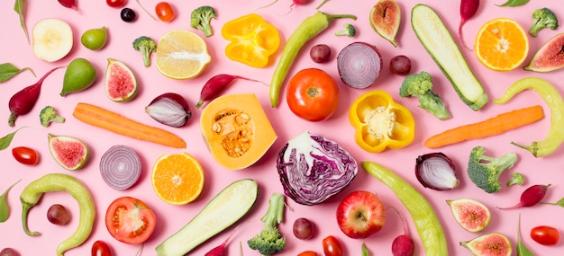 Foto variedade de vista superior de frutas e legumes frescos