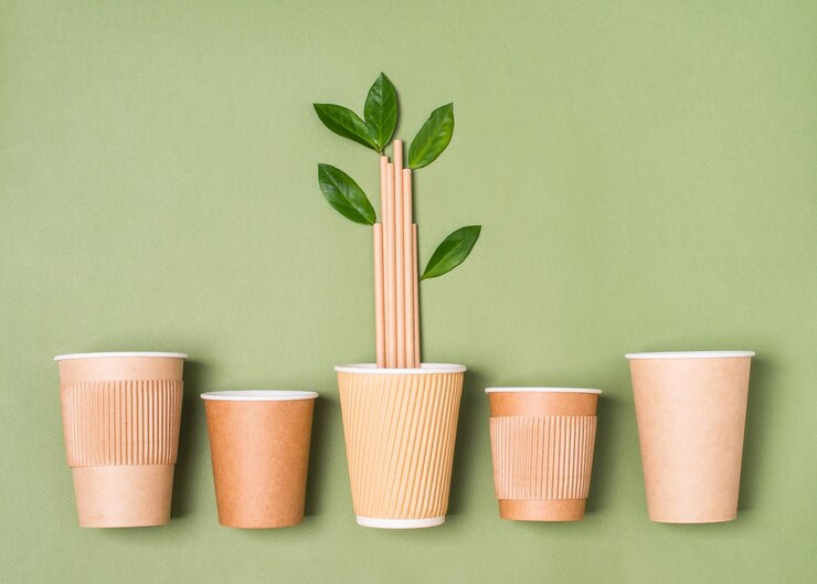Foto variedade de xícaras de café de papel kraft e canudos com folhas verdes utensílios de papel compostáveis biodegradáveis para bebidas quentes para viagem copo de papel sobre fundo verde com espaço de cópia