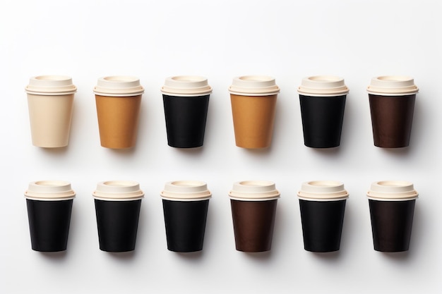 Foto variedade de xícaras de café preto para levar vista superior em fundo branco