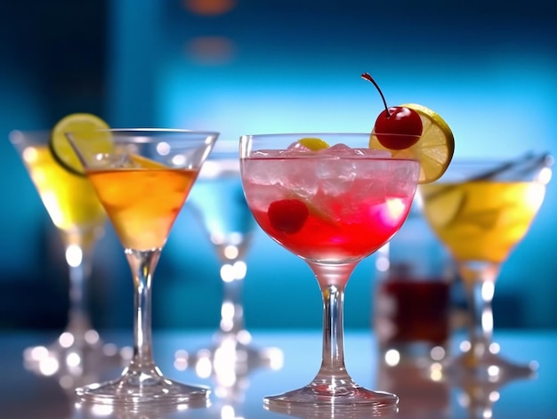 Variedade vibrante de bebidas coloridas com um enfeite de cereja Imagem conservada em estoque com IA generativa