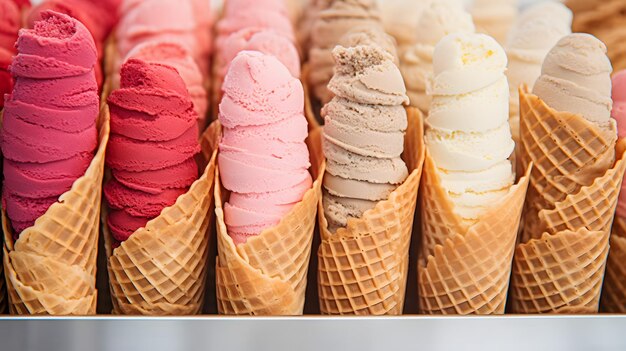 Foto variedade vibrante e deliciosa de cones de sorvete coloridos em um stylis