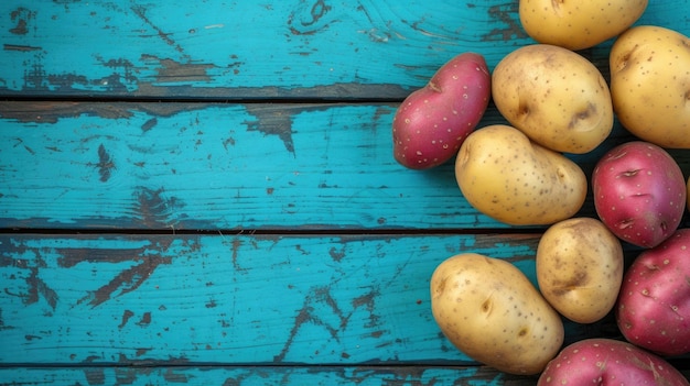 Variedades mistas de batatas em uma mesa de madeira azul desgastada