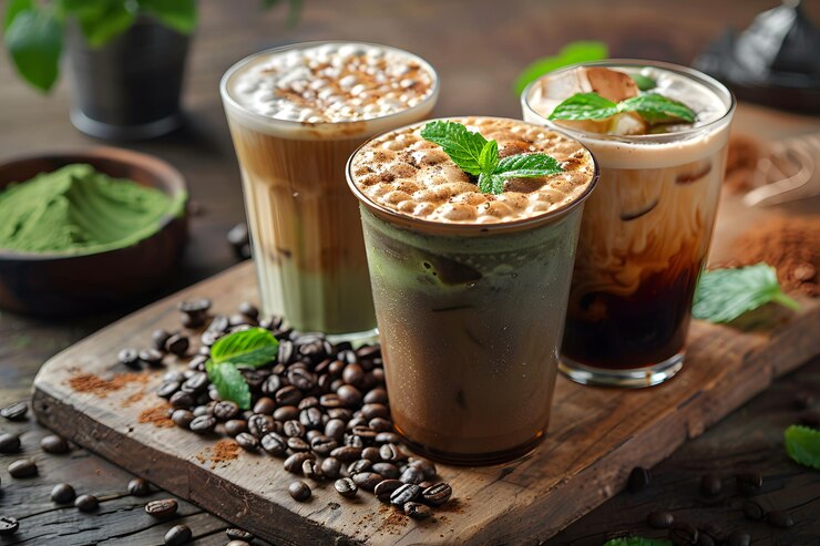 Variedades refrescantes de café helado con guarnición de menta