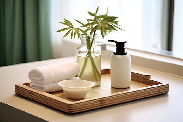 Varios accesorios de higiene ecológica se colocan en una mesa de baño vacía