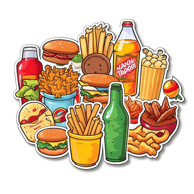 Foto vários adesivos vetoriais fofos com tema de fast food