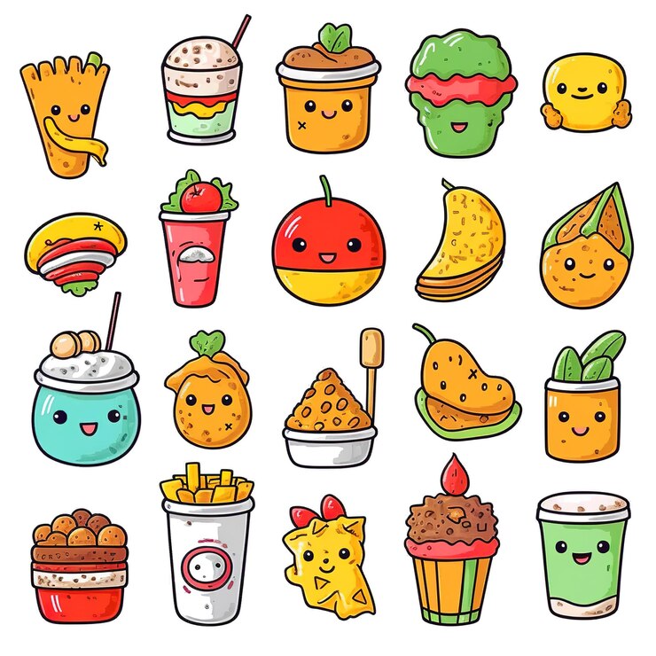 Foto vários adesivos vetoriais fofos com tema de fast food