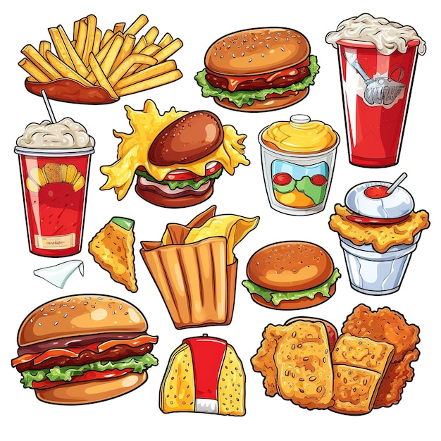 Vários adesivos vetoriais fofos com tema de fast food