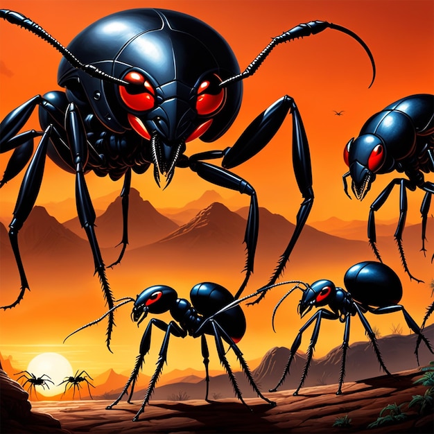 varios alienígenas extraterrestres similares a colosales hormigas con armadura negra con terribles dimensiones extremadamente grandes.