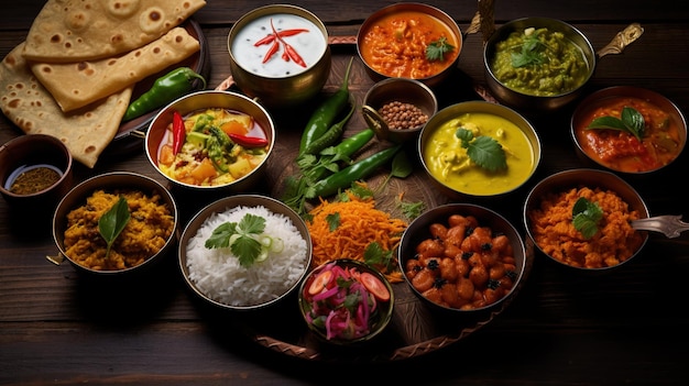 Foto vários alimentos indianos em uma mesa de madeira