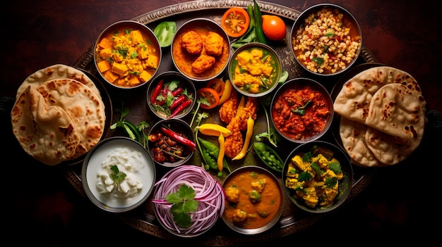 vários alimentos indianos servidos em tigelas Generative AI