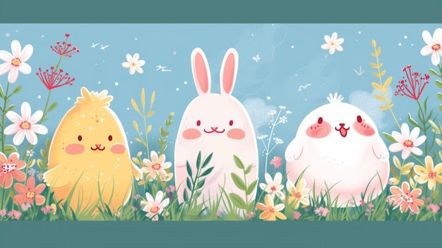 Foto varios animales de dibujos animados de pollitos pequeños con plumas esponjosas un conejo de pie en una fila con huevos de pascua mostrando su dulzura y camaradería ia generativa