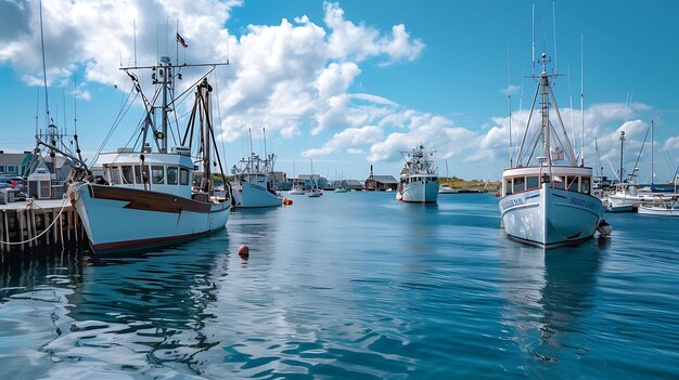 Foto varios barcos de pesca están atracados en un puerto en un día soleado en el fondo hay algunas casas y un cielo azul claro