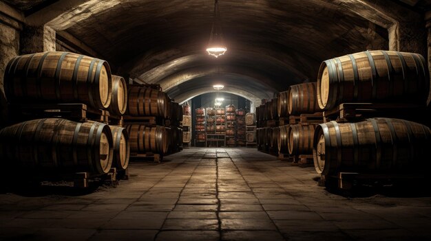 Foto varios barriles de vino en una bodega en una cabaña de vino tradicional