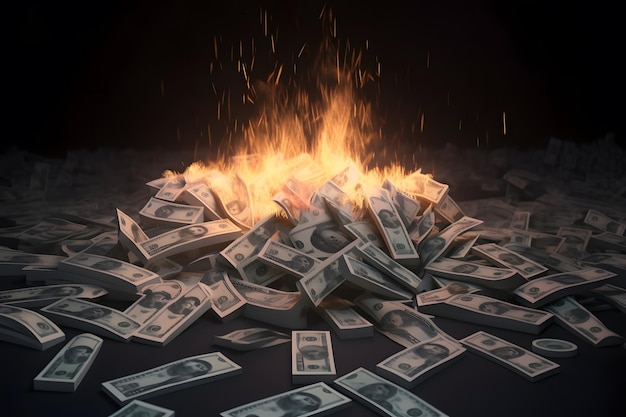 Varios billetes de 100 dólares se queman sobre un fondo negro El concepto de quiebra, depreciación, devaluación, despilfarro y desperdicio de dinero Ai generativo aislado