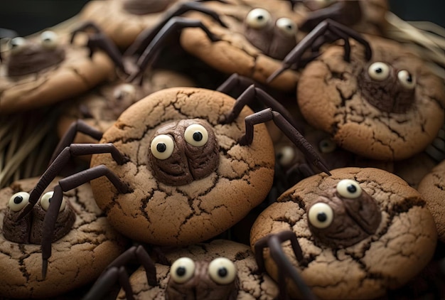 Foto vários biscoitos decorados com formato de aranha comida de halloween