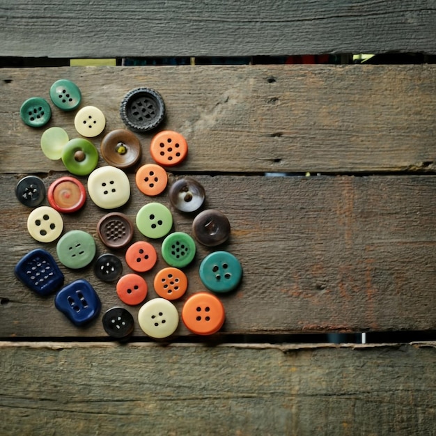 varios botones de plástico vintage en tablas de madera envejecidas con espacio de copia