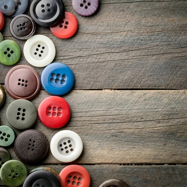 varios botones de plástico vintage en tablas de madera envejecidas con espacio de copia