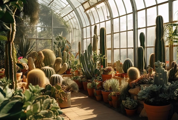 Varios cactus en un invernadero de conservatorio