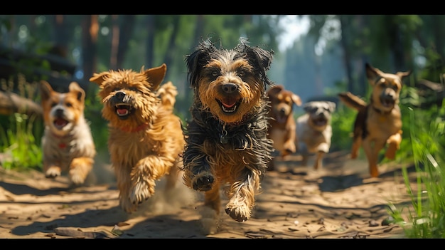 Vários cães mestiços estão felizmente correndo em torno de um parque com grama verde foto realista