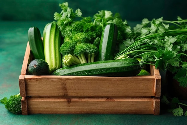 Varios calabacines y otras verduras en una caja de madera generada por IA