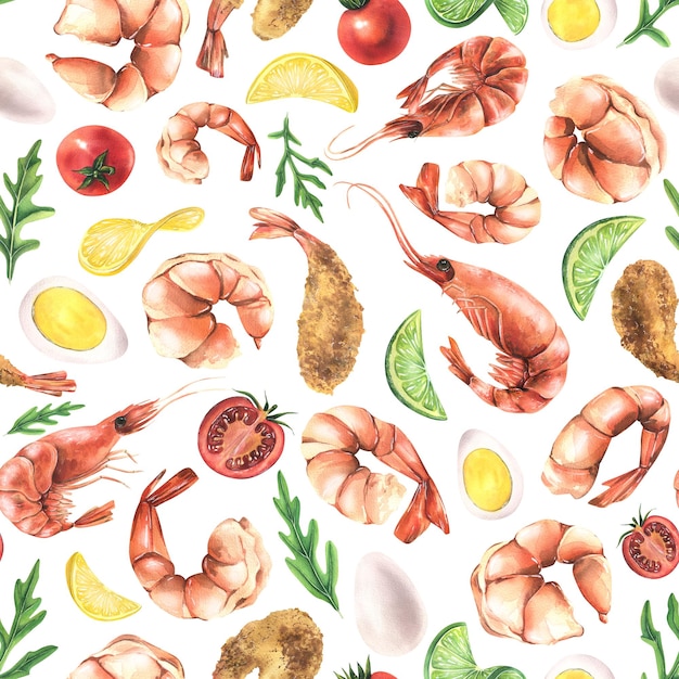 Vários camarões cozidos com rúcula limão limão tomate cereja ovos Ilustração em aquarela Padrão sem costura em um fundo branco da coleção Shrimp Para o design e design