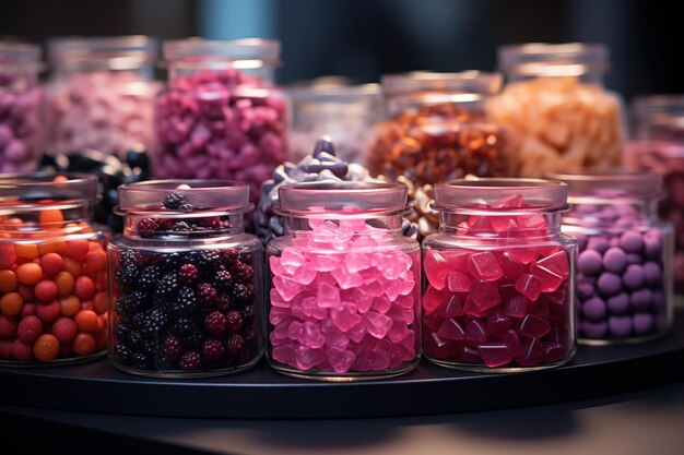 Varios caramelos de goma de colores rojo, naranja y amarillo se exhiben en cuencos metálicos bajo luces brillantes del mercado