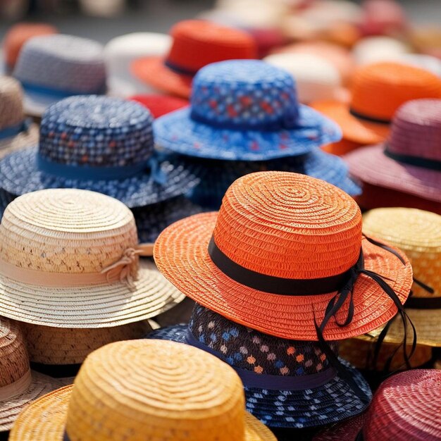 Foto vários chapéus de moda de palha em um mercado de rua