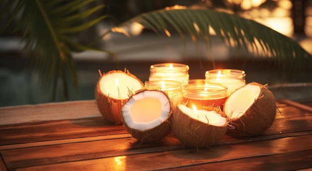 Foto vários cocos sentados em uma mesa perto de uma piscina