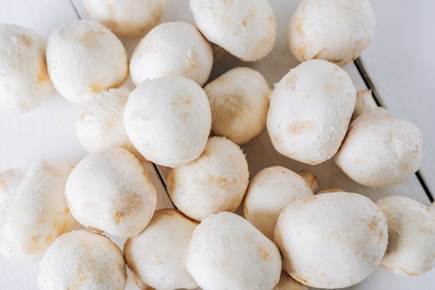 Vários cogumelos em uma mesa de madeira branca