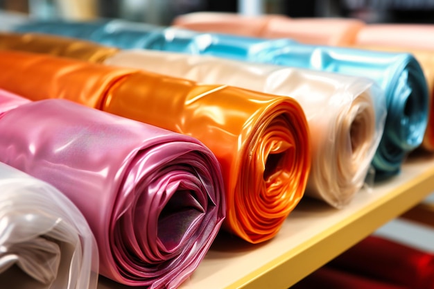 Varios colores de rollos de plástico en diferentes tamaños.