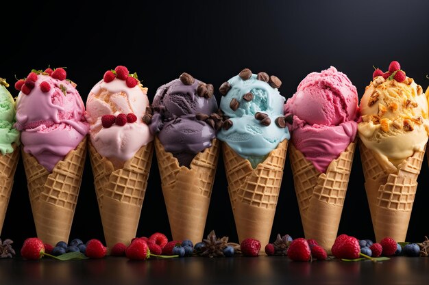 Varios coloridos y deliciosos conos de helado para fresa de vainilla y chocolate sobre un fondo oscuro