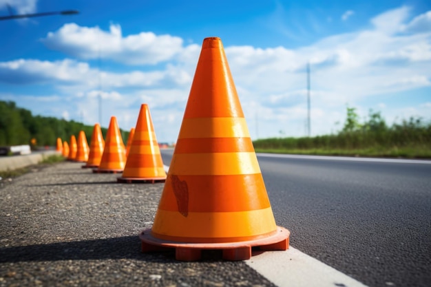 Vários cones de trânsito laranja em uma estrada