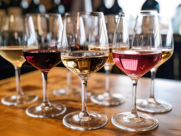 vários copos de vinho de diferentes variedades