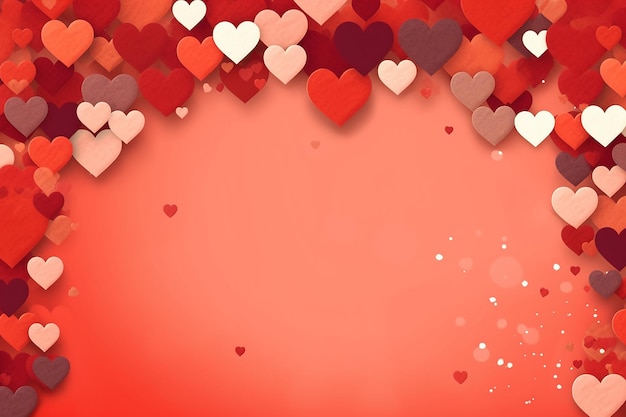 Vários corações vermelhos e brancos em um fundo vermelho gradiente representando o amor e o Dia dos Namorados