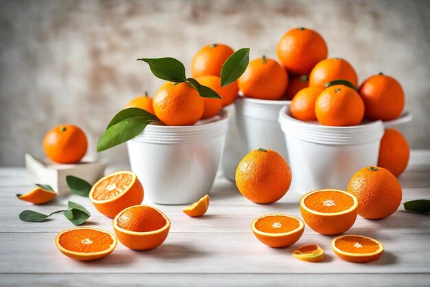 Varios cuencos de naranjas están en una mesa uno de los cuales tiene la palabra cita en él