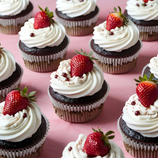 Varios cupcakes con chocolate y fresas disponibles de forma gratuita para las redes sociales