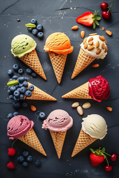 Vários de sabor de sorvete em cones morango morango pistache amêndoa laranja AI generativa