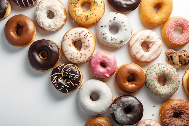 Varios donuts aislados en blanco desde arriba AI generado